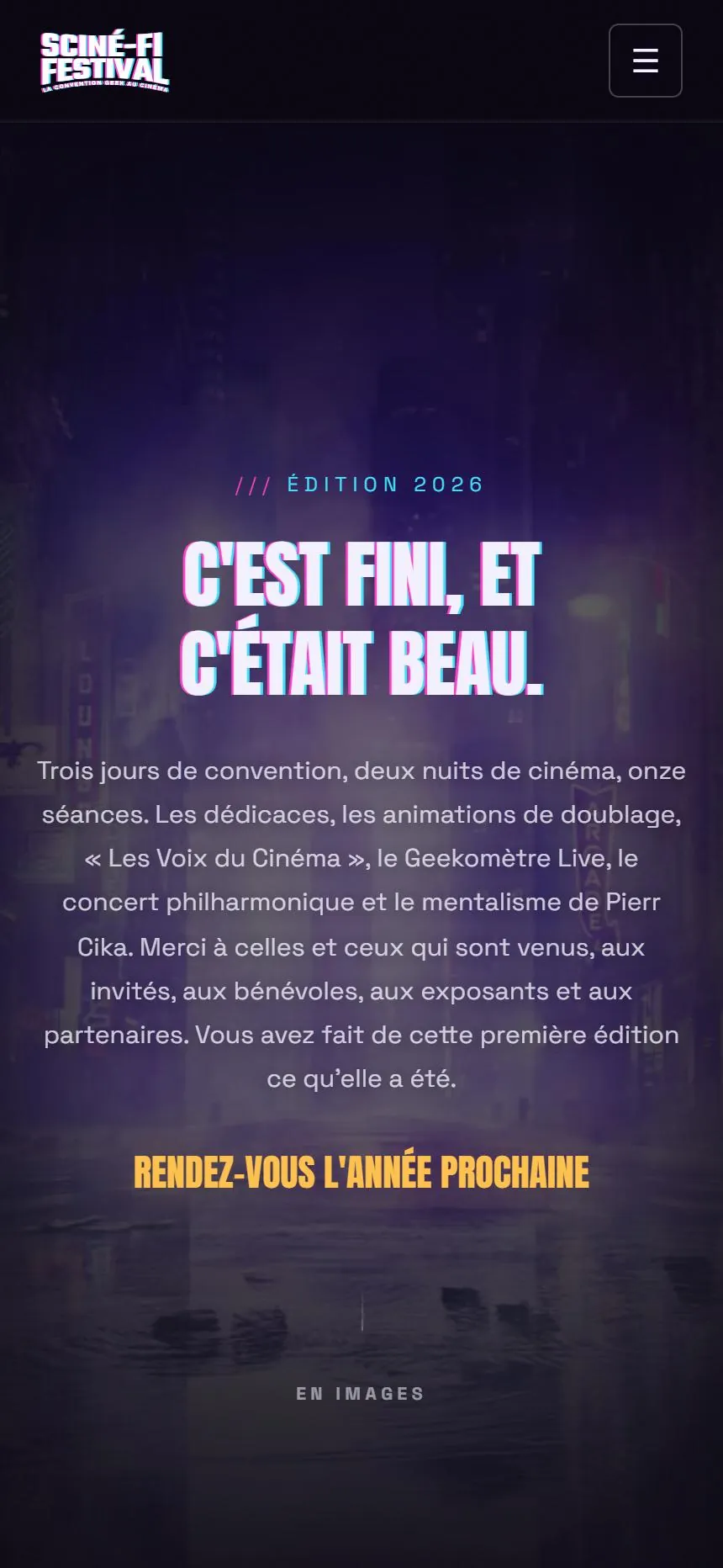 Page d'accueil de scine-fi.fr sur mobile, en mode après festival
